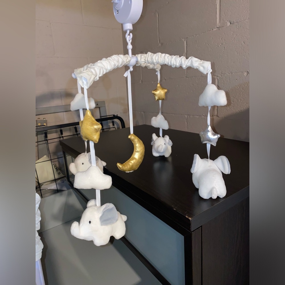 The Peanut Shell Elephant Mobile white grey gold